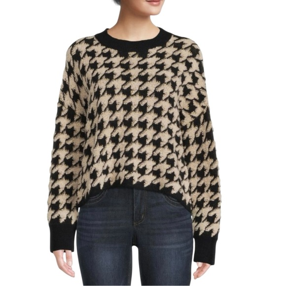 Max Studio Black Beige Houndstooth Knit Sweater Size Large - Picture 1 of 15